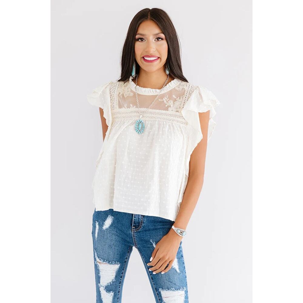 Bibi Womens Blouse Size XL Cream Swiss Dot Lace Ruffle Sleeve Embroidered NEW